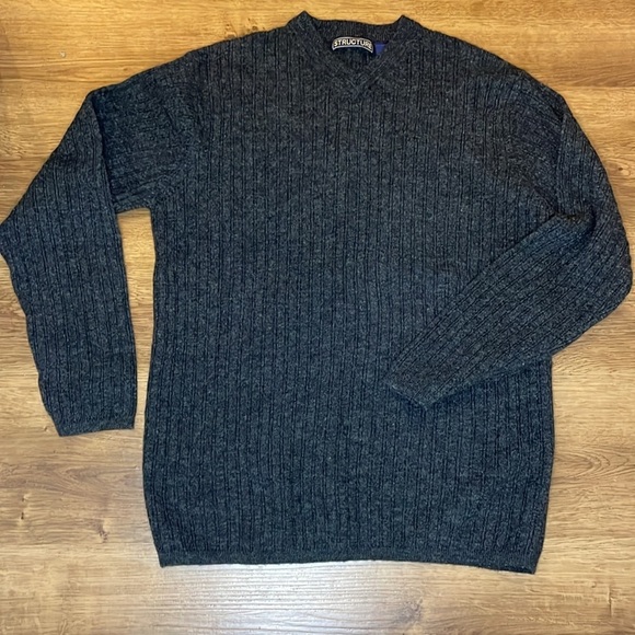 Structure Men’s Small LambsWool Blend Dark Gray Ribbed V Neck Sweater - Picture 1 of 7